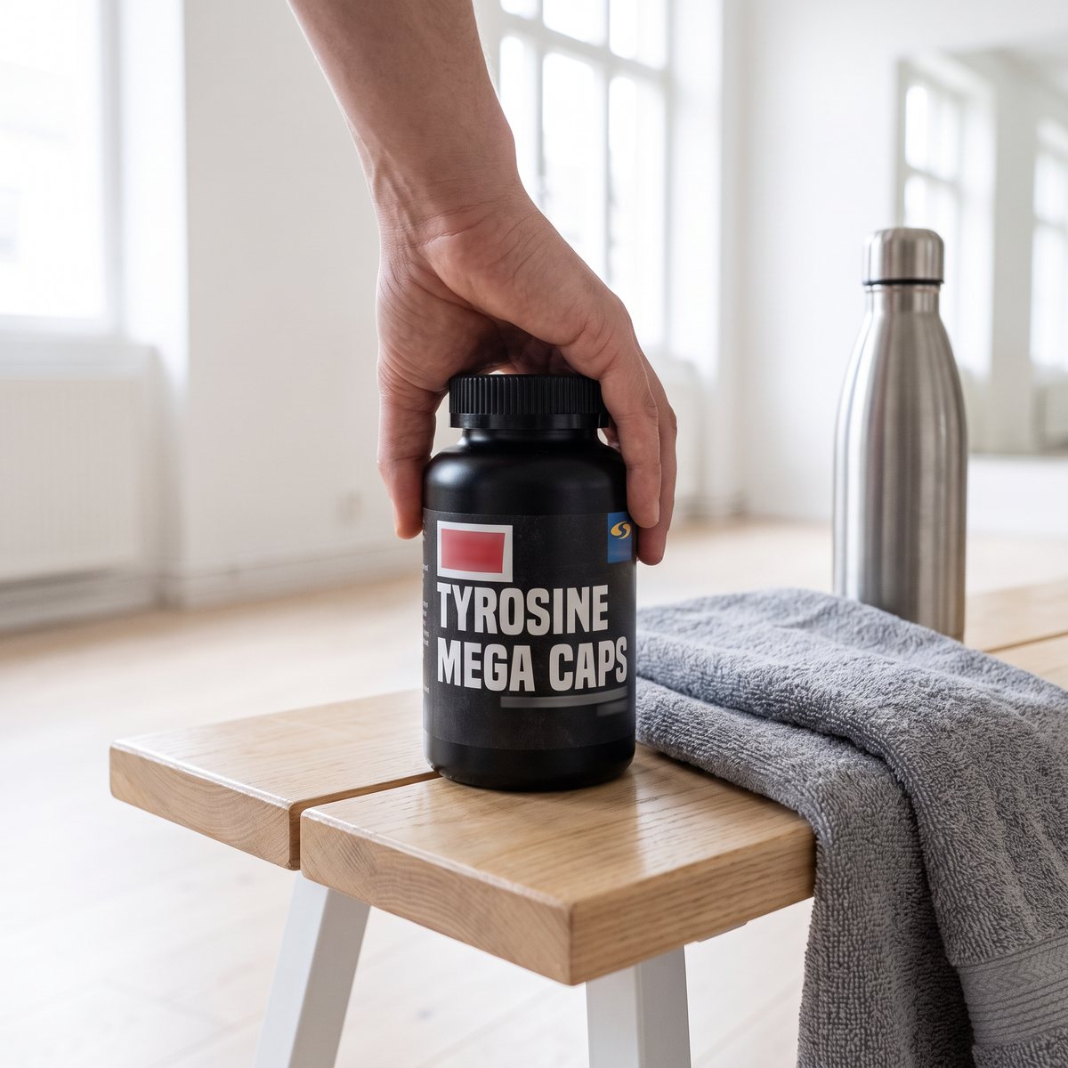 Svart burk med RAW Tyrosine Mega Caps hållen i handen på en bänk i ett ljust svenskt gym