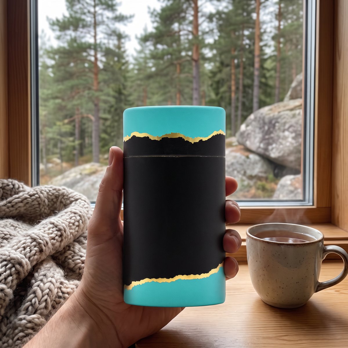 Hand som håller Rawpowder L-Tyrosin 600 i en svensk vardagsrumsmiljö med filt, te och utsikt mot tallar