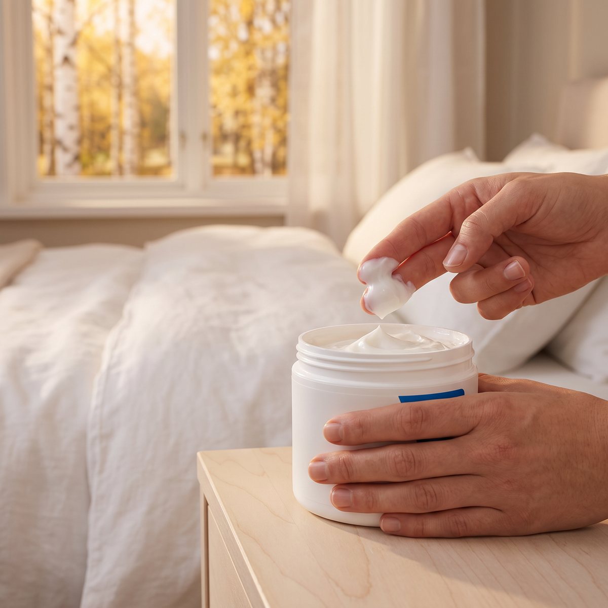 CeraVe Moisturising Cream i rund burk på ett nattduksbord i ett svenskt sovrum
