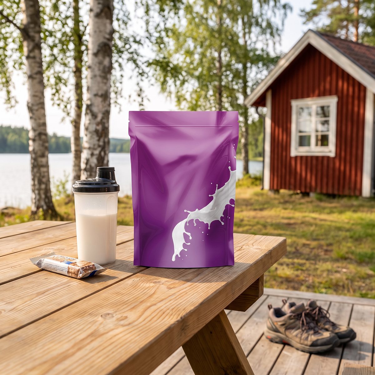 Påse med Bodylab Whey 100 Neutral på ett utebord vid en svensk sjö med rödmålad stuga och björkar