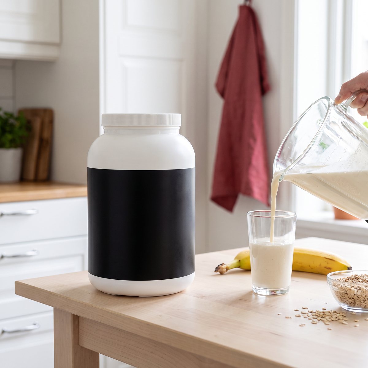 Burk med Core Protein Pro Naturell på ett björkbord i ett svenskt kök, med shake som hälls upp i ett glas