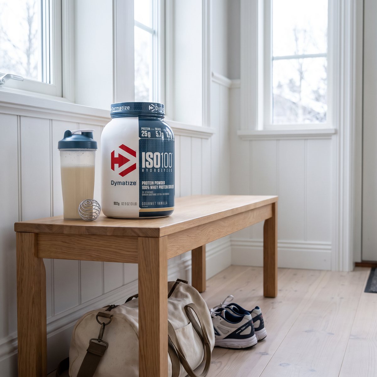 Burk med Dymatize ISO-100 på en ekbänk i hallen i ett svenskt hem, med en shaker bredvid