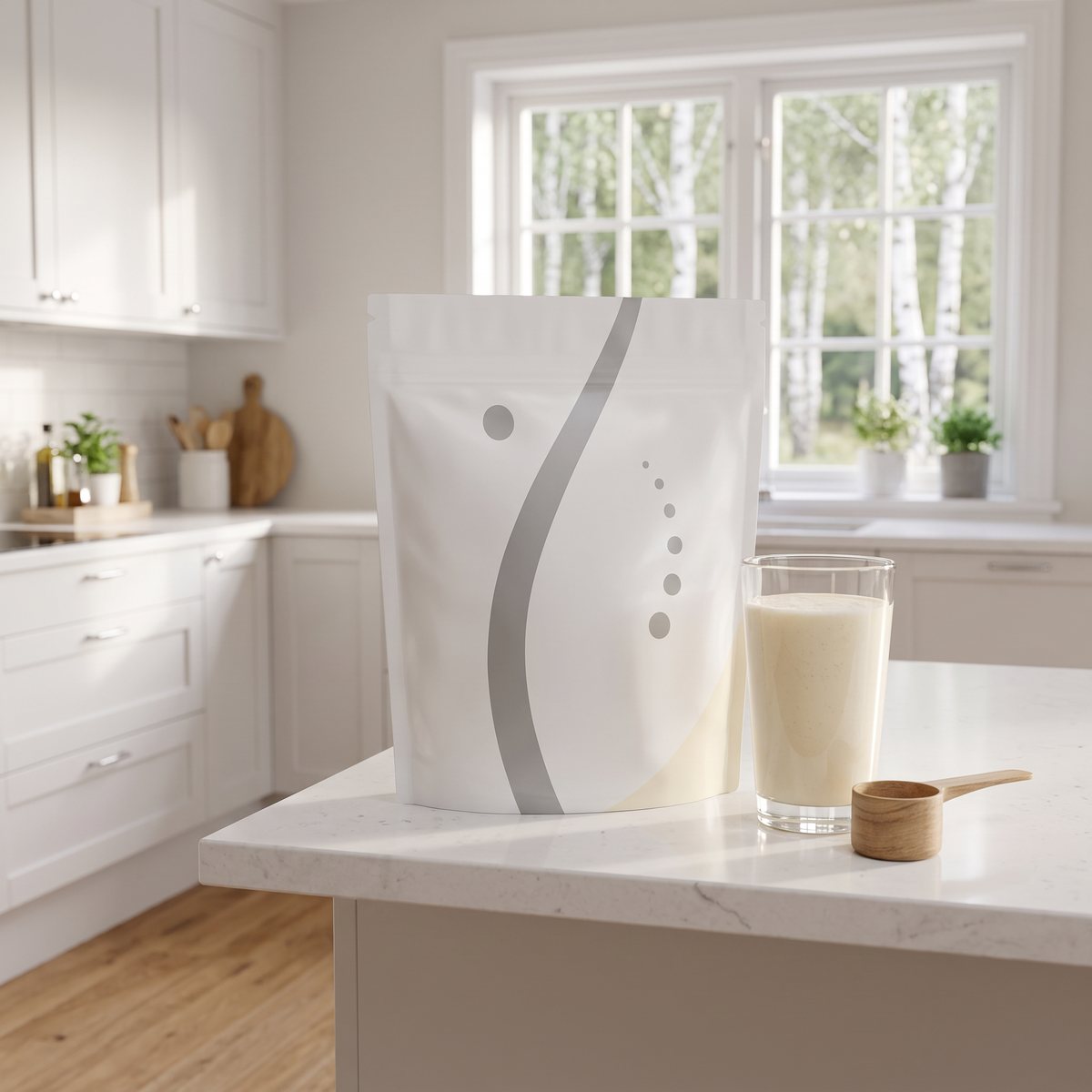 Förpackning med Holistic Vassleprotein Vanilj på en köksö i ett ljust svenskt kök, bredvid ett glas proteinshake och en träskopa