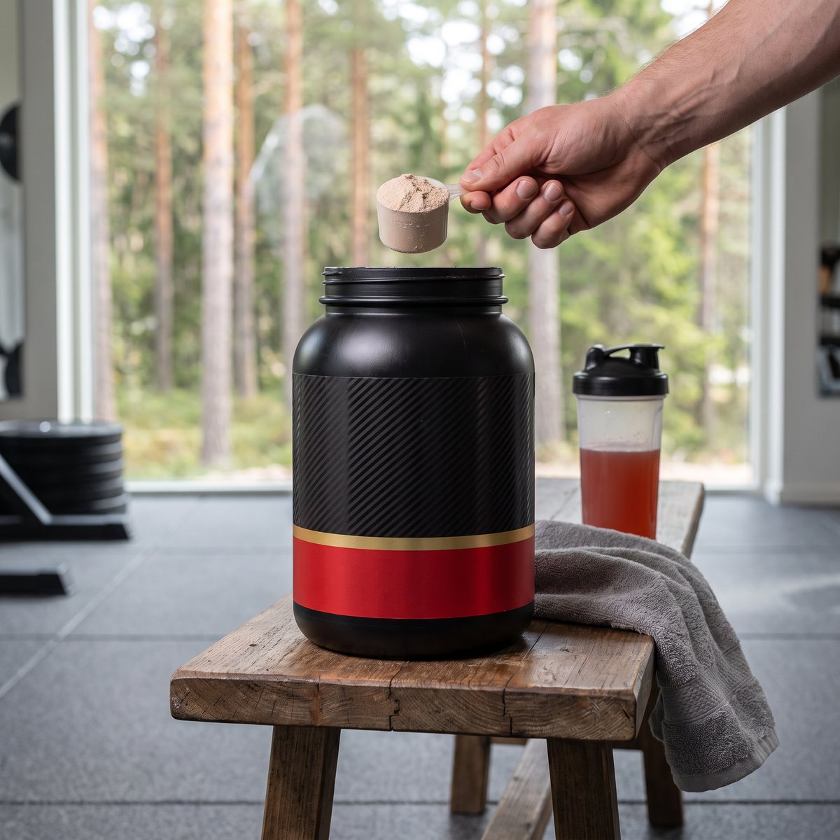 Burk med Optimum Nutrition Gold Standard 100% Whey på en träbänk i ett svenskt hemmagym, med en hand som doserar pulver med en mätsked