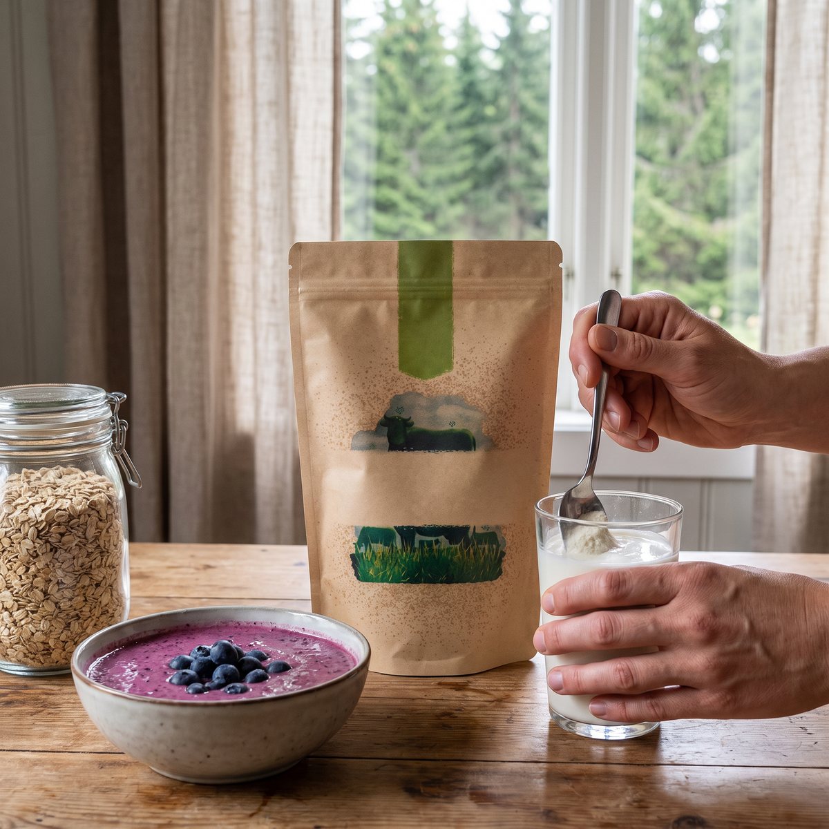 Påse med Rawpowder Ekologiskt Vassleprotein på ett rustikt träbord i ett svenskt lanthem, med en hand som rör ned pulver i ett glas mjölk