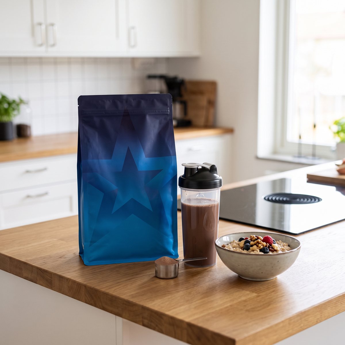 Påse med Star Nutrition Whey-80 Choklad på en köksbänk i ett svenskt kök, med en shaker och en skål havregrynsgröt