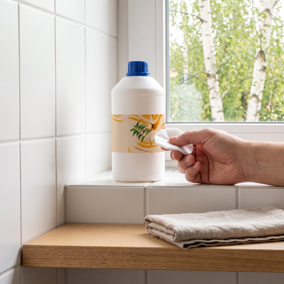 Vit plastflaska med blå kork och neemetikett på en hylla i ett svenskt badrum, en hand håller en bomullsrondell bredvid
