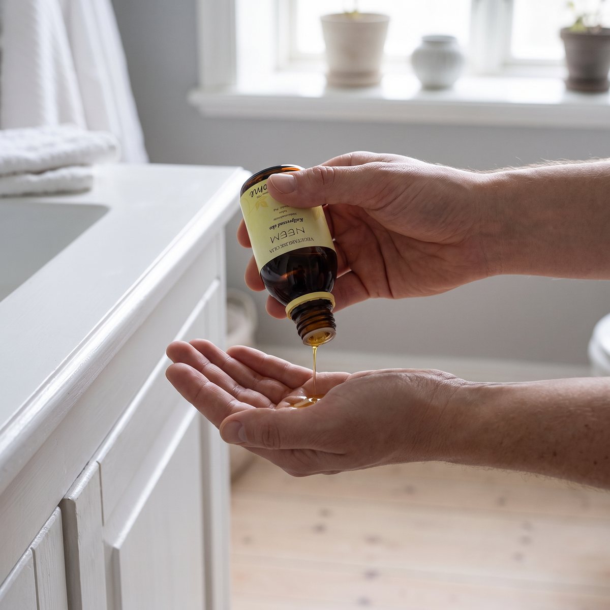 Hand som droppar neemolja ur en brun glasflaska med gul kork i handflatan vid en vit badrumsbänk