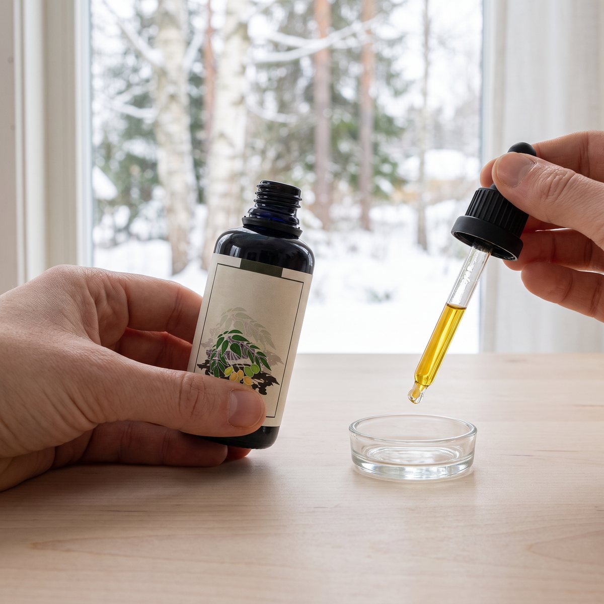 Hand som håller en mörk glasflaska medan pipetten förs över en liten glasskål vid ett fönster mot snöig björkskog