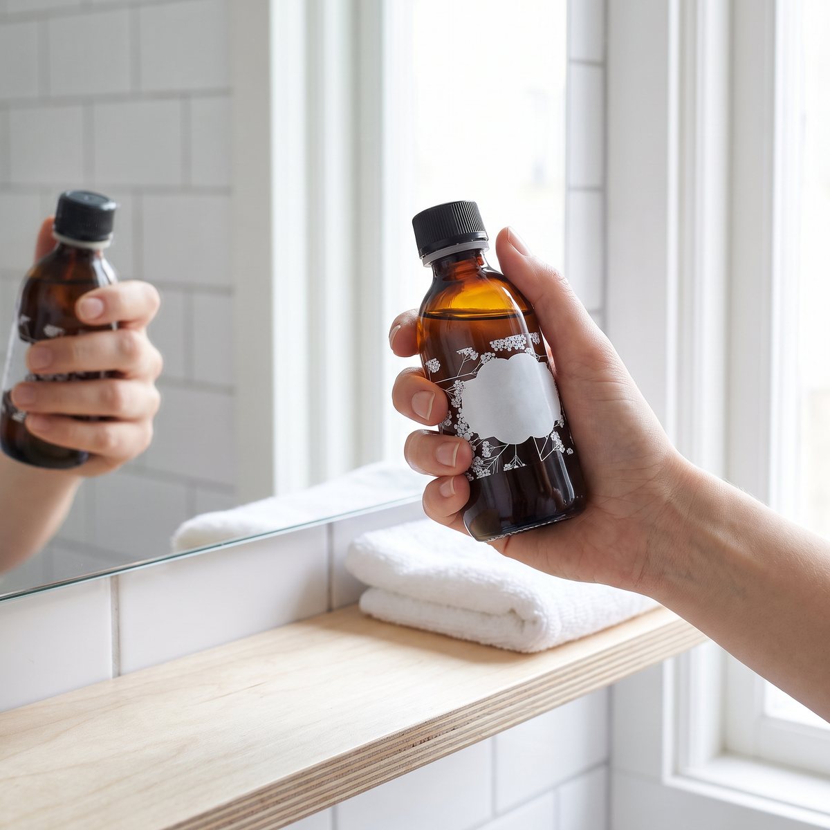 Hand som håller en brun glasflaska med svart kork vid en spegel i ett ljust svenskt badrum