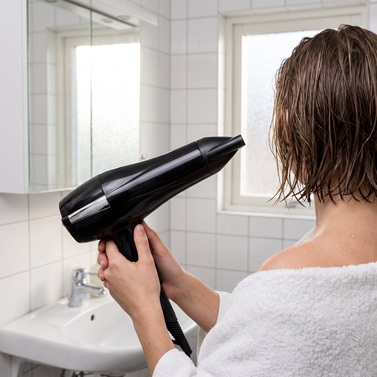 Svart Björn Axén Tools Power Pro som föner blött kort hår efter duschen i ett litet svenskt lägenhetsbadrum
