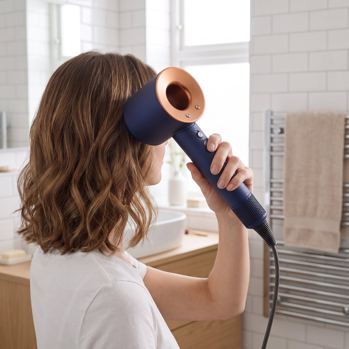 Dyson Supersonic i blått och koppar som torkar halvlångt vågigt hår vid rötterna i ett svenskt badrum med vitt kakel