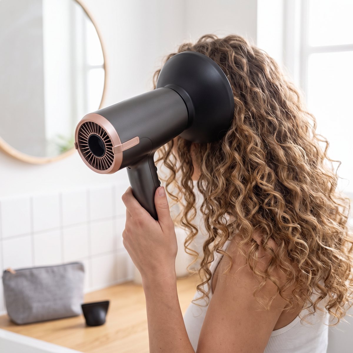 Grå Remington ONE Dry & Style med diffuser som torkar långt lockigt hår i ett ljust svenskt badrum med träbänk