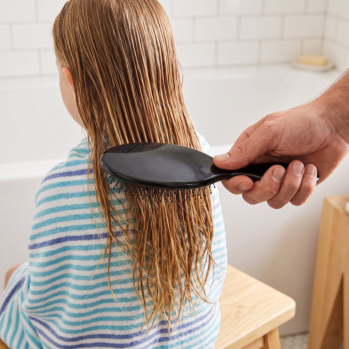 Vuxen hand borstar ut ett barns våta hår med en svart WetBrush i ett svenskt badrum