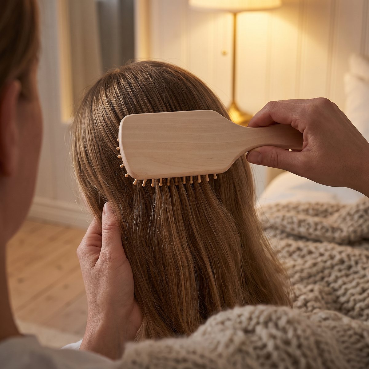 Hjärtligt Cirkulation, paddelborste i trä med träpiggar, som borstar halvlångt hår i ett svenskt sovrum i kvällsljus