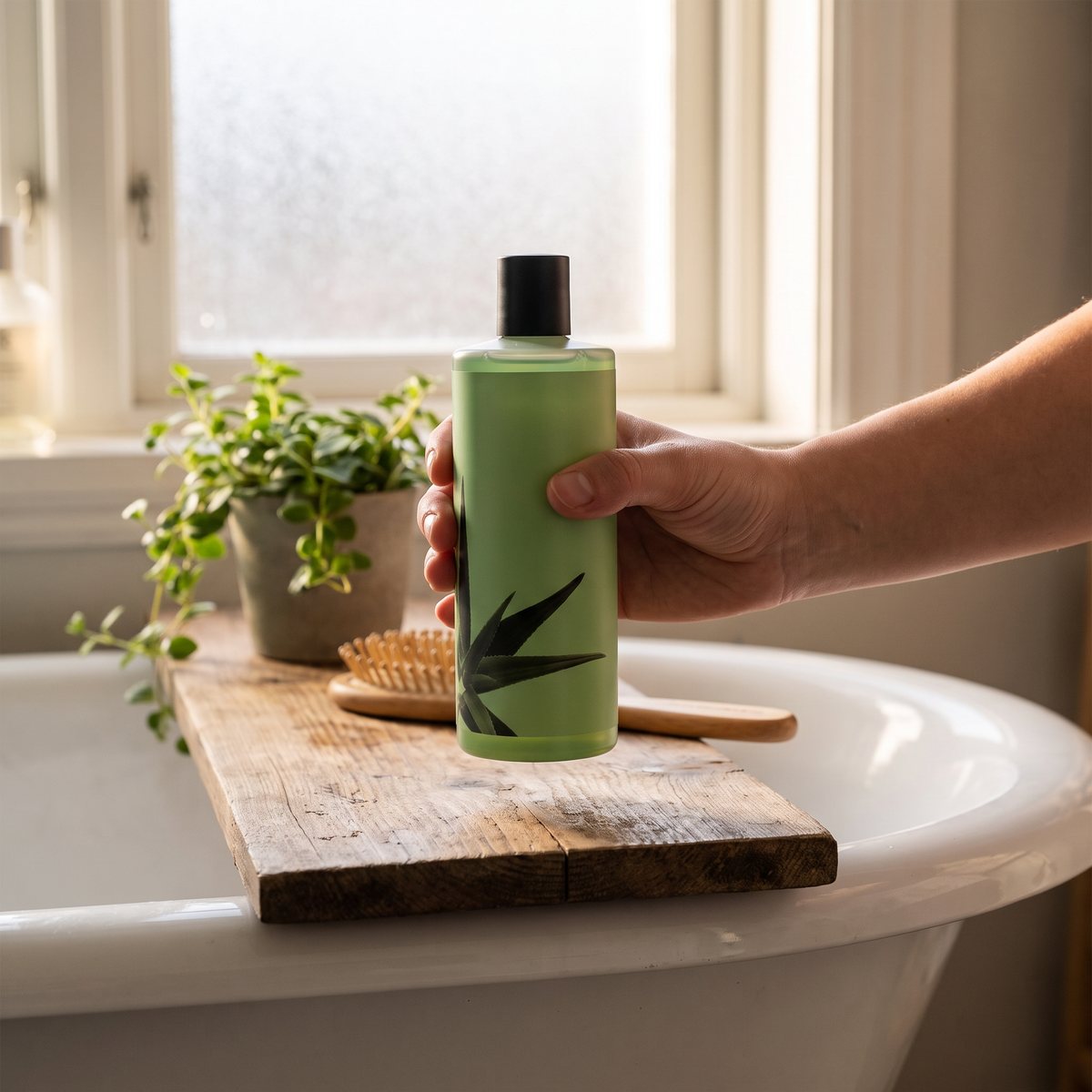Grön schampoflaska med aloe vera på en badbrickor över badkaret i ett svenskt badrum