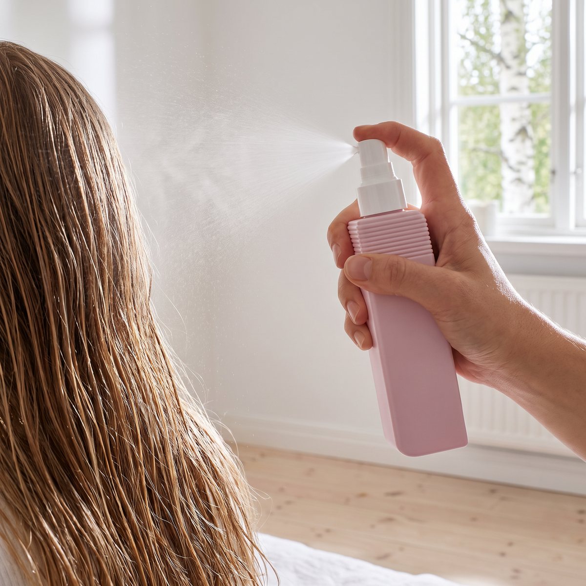 Hairlust Split Fix Leave-in Conditioner som sprayas i fuktigt hår i ett ljust svenskt sovrum