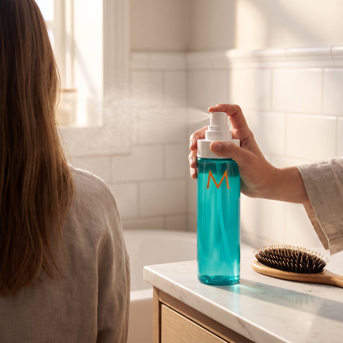 Moroccanoil All in One Leave-in Conditioner som sprayas i håret i ett svenskt badrum