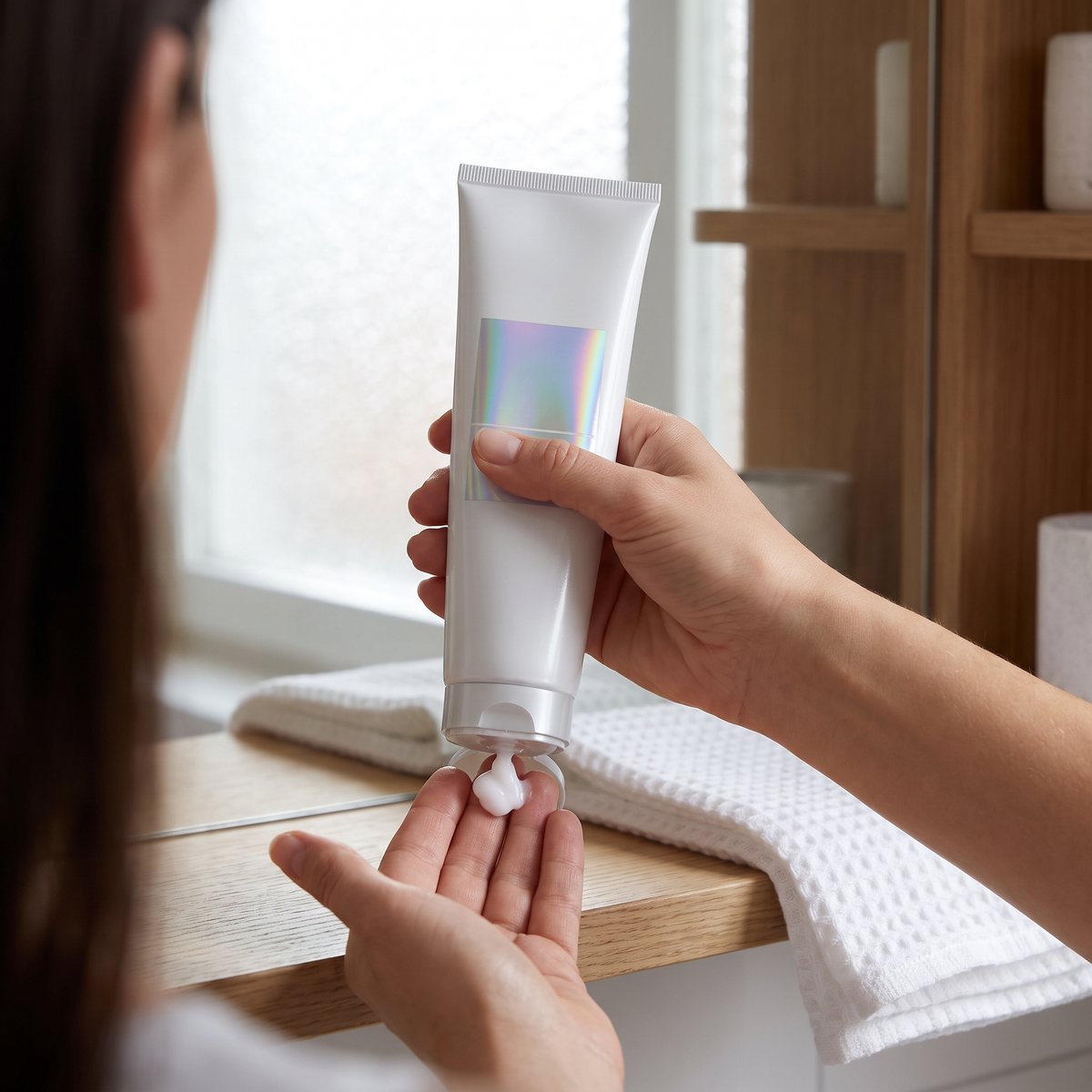 Tub med Redken Acidic Bonding Concentrate Leave-In Treatment på en hylla i ett svenskt badrum