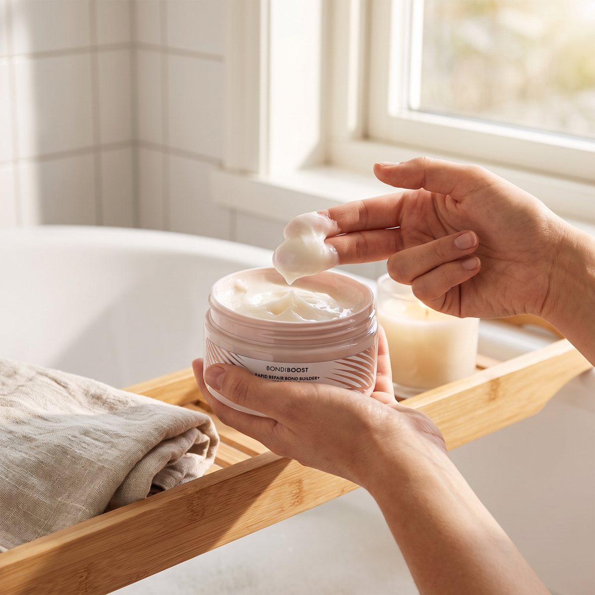 Bondi Boost Rapid Repair Bond Builder Mask i öppen burk på en badkarsbricka i ett svenskt badrum, masken tas upp med fingrarna