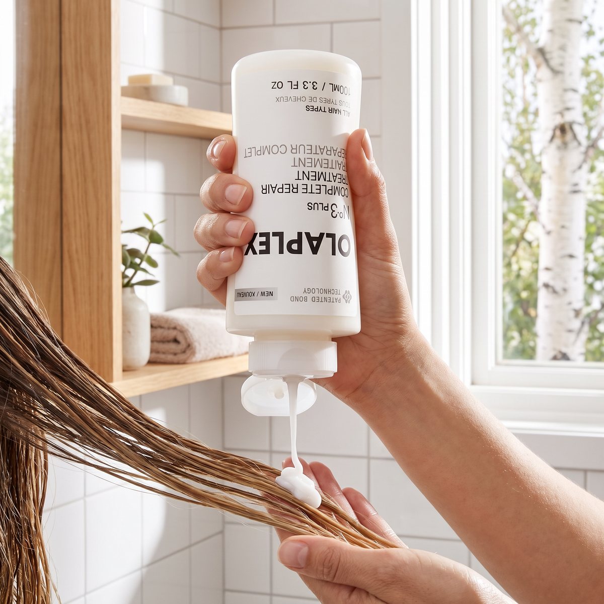 Olaplex No.3 Plus-flaskan hålls upp och ned medan behandlingen appliceras på fuktigt hår i ett ljust svenskt badrum