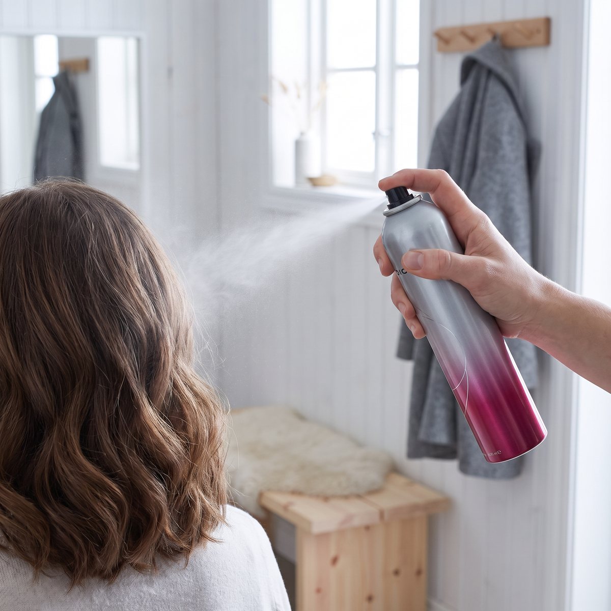 Joico Power Spray sprayas över nyfönat brunt hår i en svensk hall med vitmålad panel