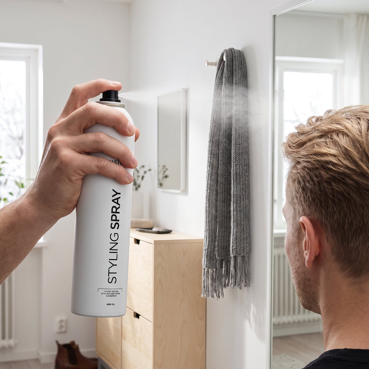 Vision Haircare Styling Spray sprayas över kort stylat hår i en svensk hall med spegel