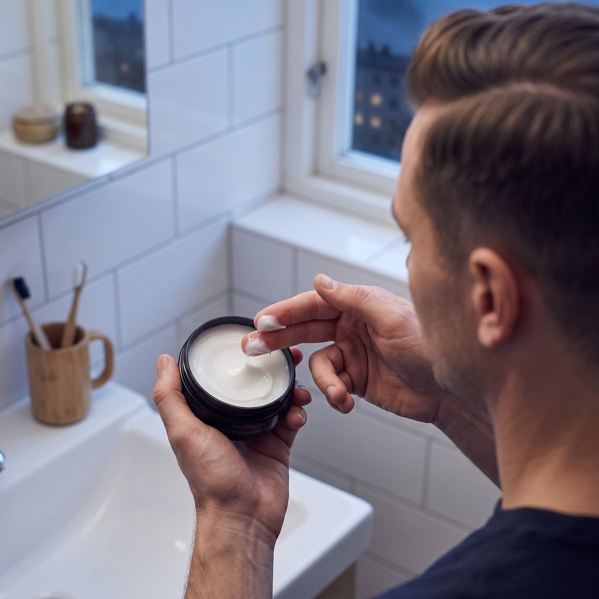 Man tar American Crew Grooming Cream ur den öppna burken framför en kort sidbena i ett svenskt badrum med vitt kakel en vintermorgon