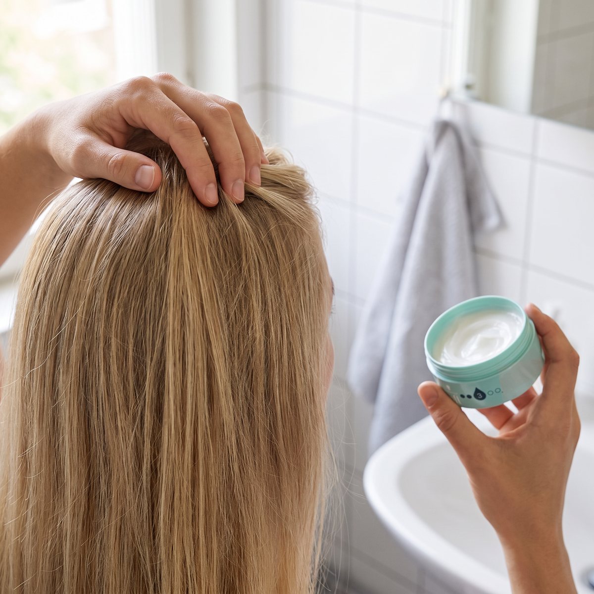 Fingertoppar lyfter tunt blont hår vid rötterna medan andra handen håller en öppen mintgrön burk Taft Aloe Boost i ett vitkaklat svenskt badrum