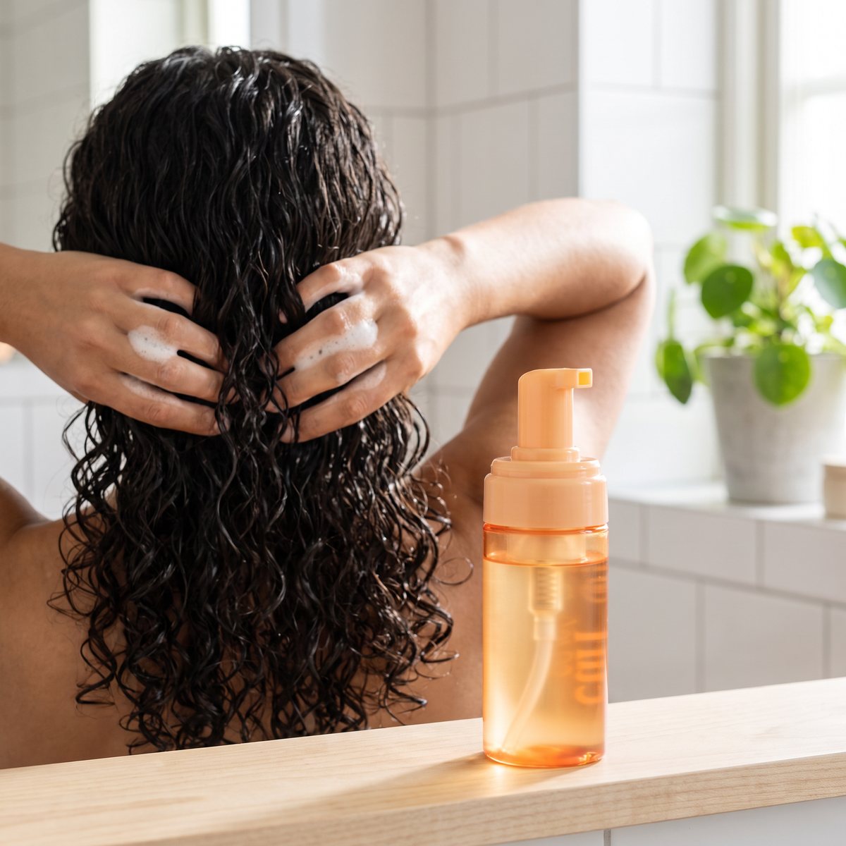 Hairlust Curl Crush Defining Mousse på en hylla i ett svenskt badrum medan moussen knådas in i vått, lockigt hår