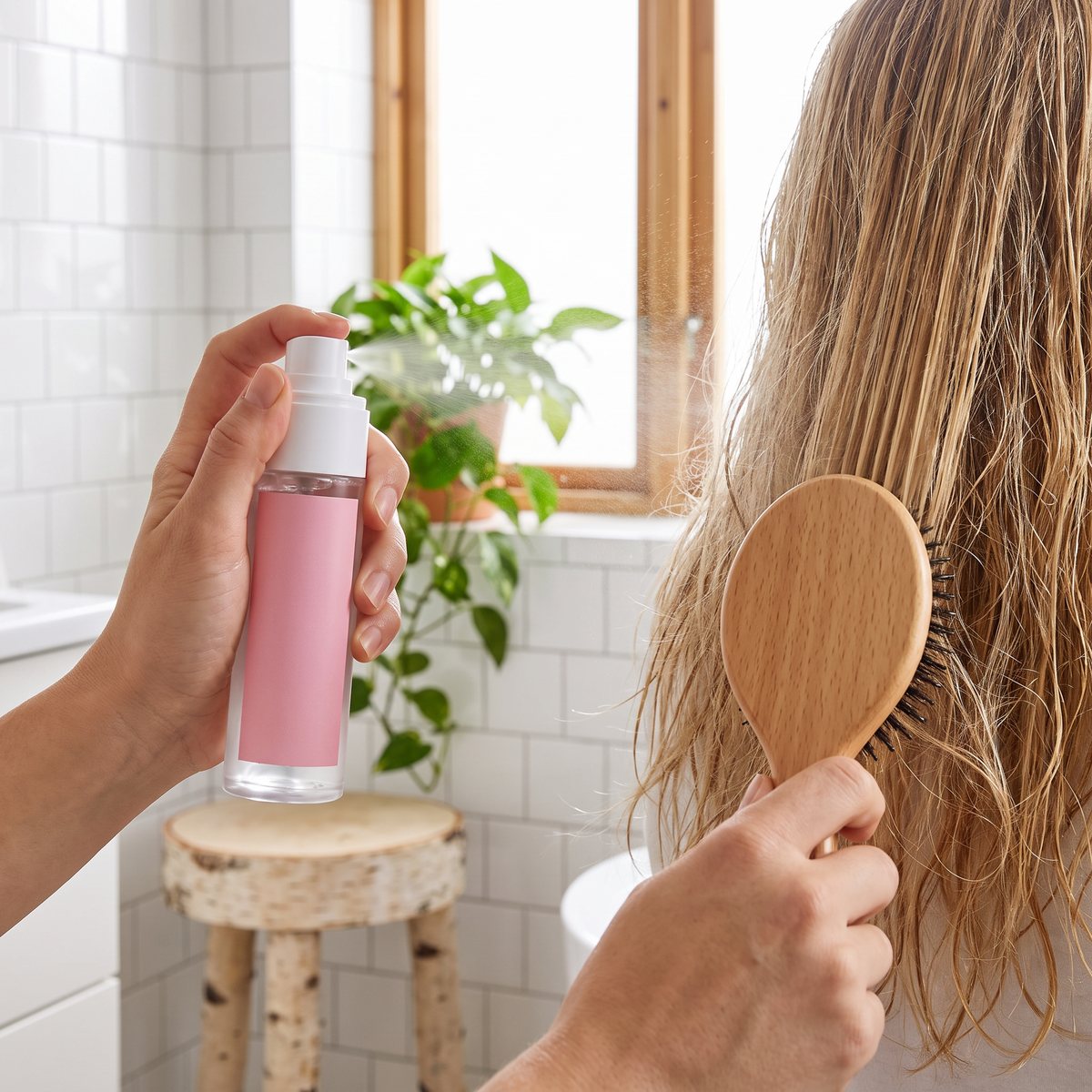 Rated Green Detangling Perfume Hair Mist sprayas på fuktigt hår som borstas i ett svenskt badrum