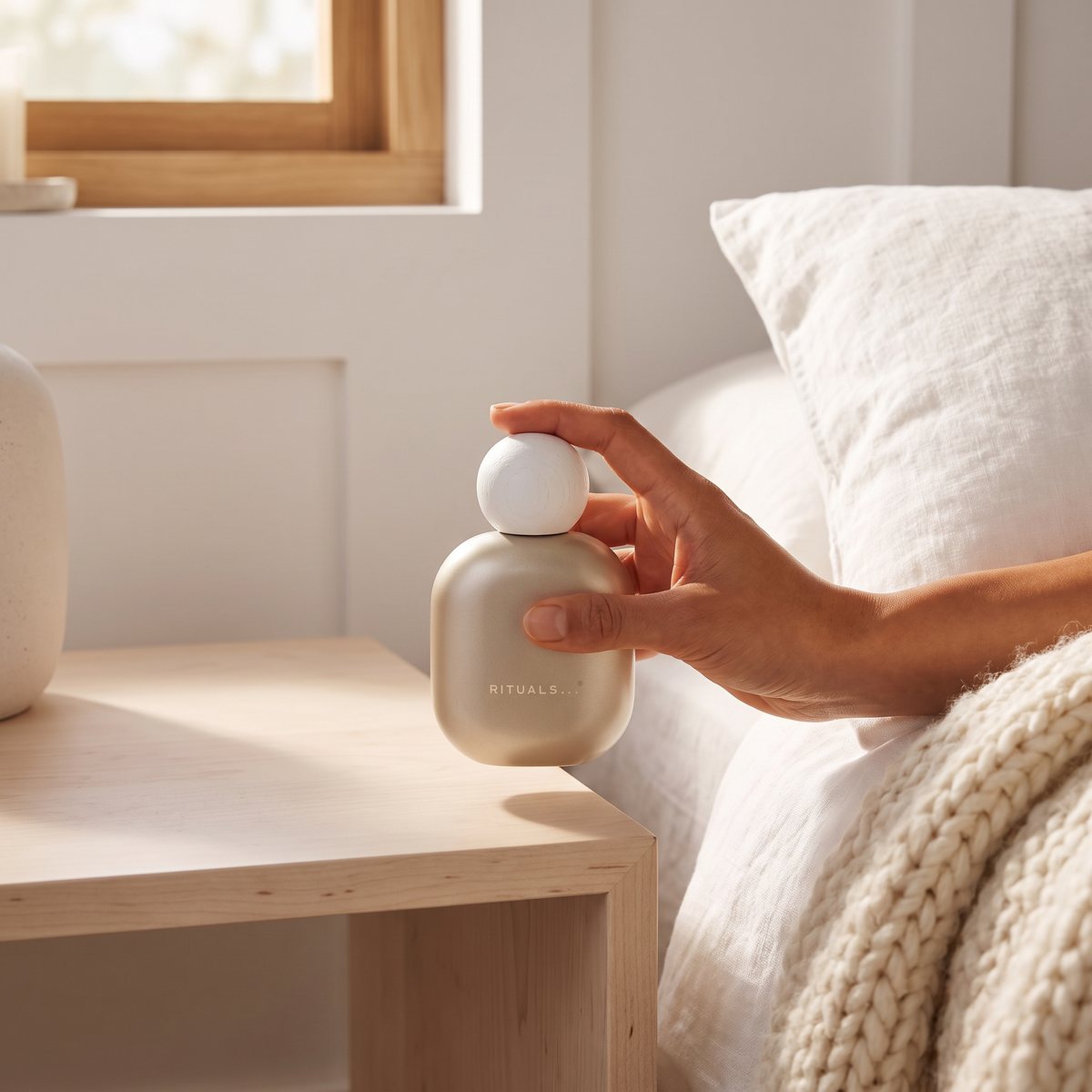 Rituals Hair Perfume i beige flaska med vit trädekor på ett björknattduksbord i ett svenskt sovrum