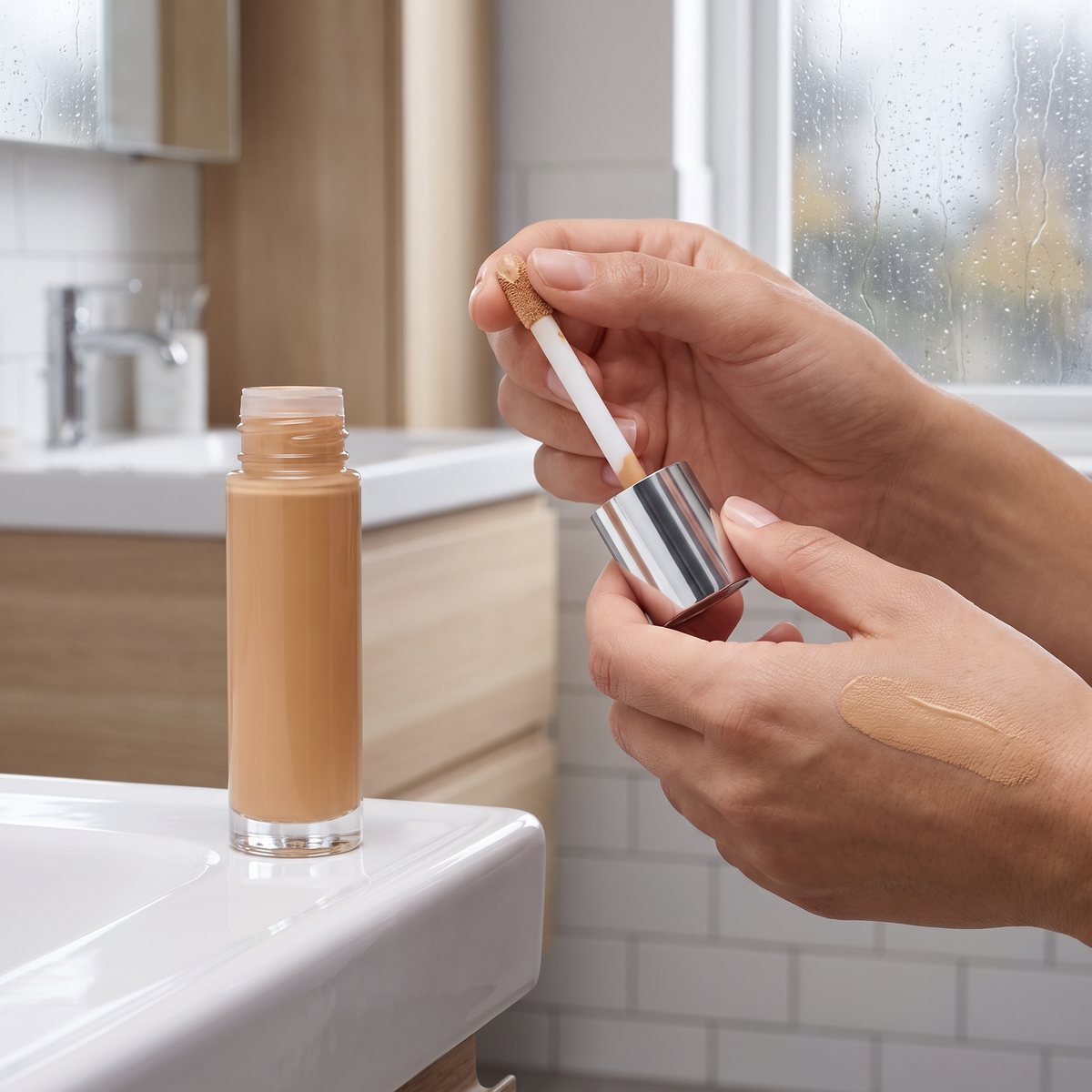 Clinique Beyond Perfecting Foundation + Concealer på ett handfat i ett svenskt badrum, med applikatorn i handen och en tunn strimma utstruken på handryggen