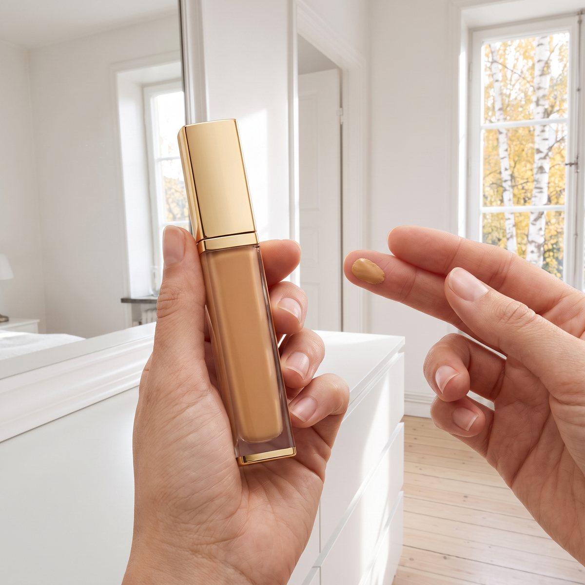 Hand håller Estée Lauder Double Wear Stay-In-Place Concealer i guldfärgad förpackning, med en dutt concealer på fingertoppen, i ett ljust svenskt sovrum med björkar utanför fönstret