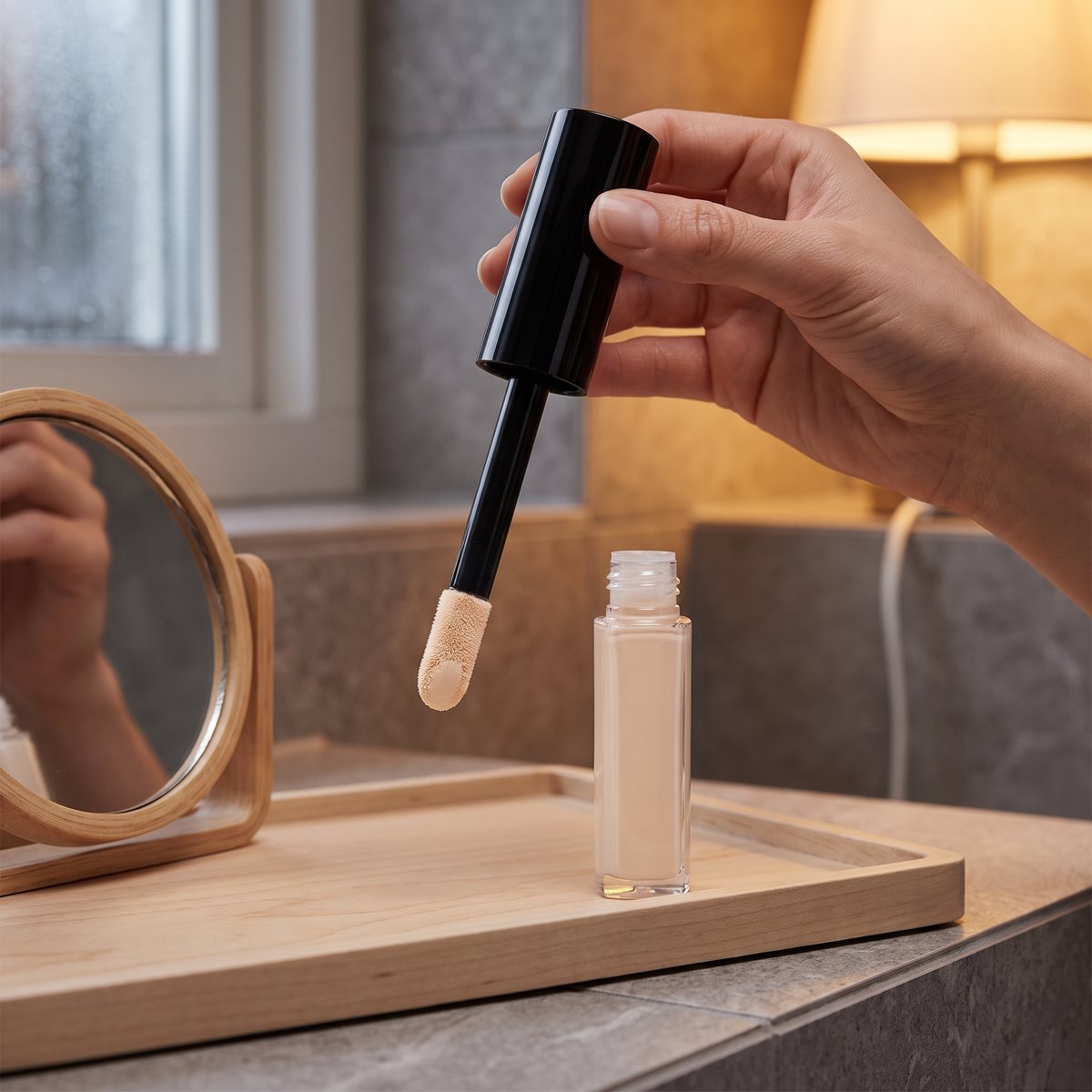 L'Oréal Paris Infaillible More Than Concealer med den stora applikatorn lyft ur flaskan, på en träbricka i ett svenskt badrum en mörk vintermorgon