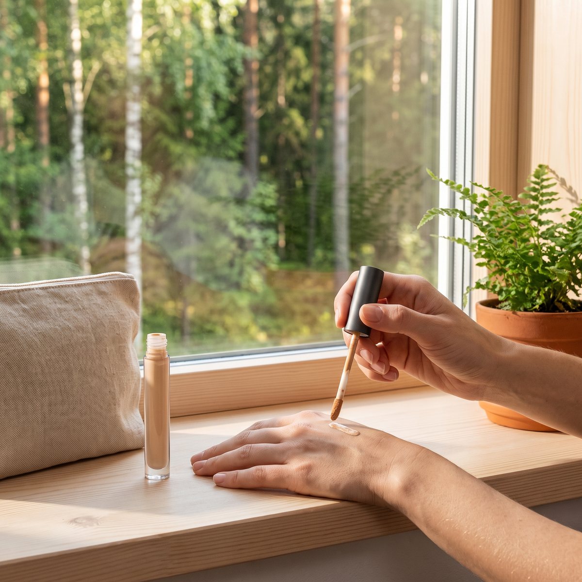 MÁDARA The Concealer läggs på handryggen med applikatorn, med tuben och en linnenecessär på en fönsterbräda i ett svenskt sommarhus med björk och tall utanför