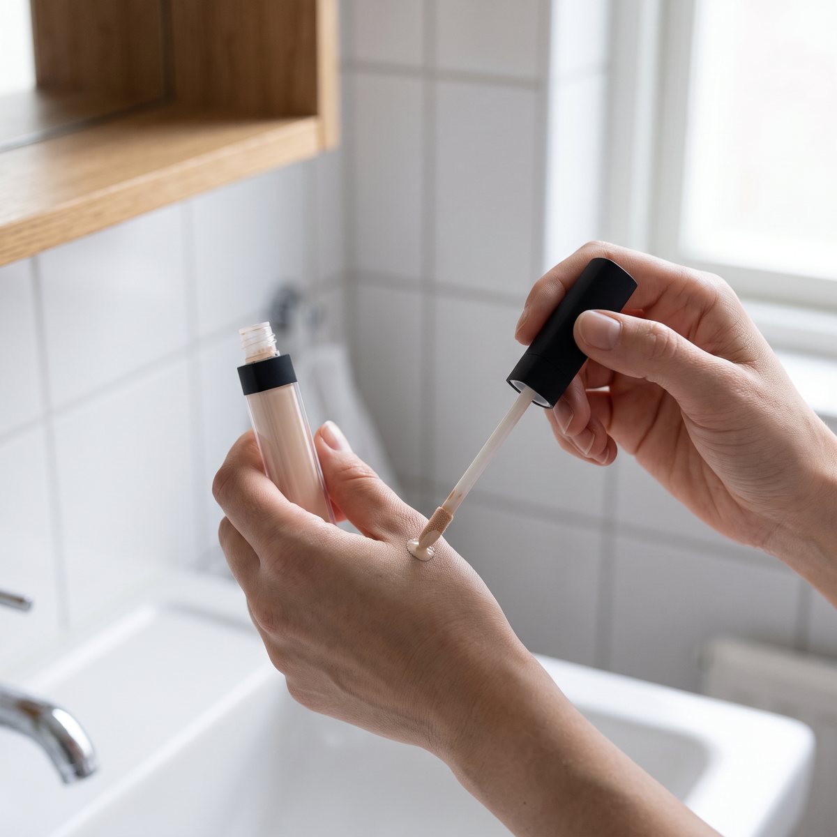 Hand duttar NARS Radiant Creamy Concealer på handryggen med den mjuka applikatorn, vid ett handfat i ett svenskt badrum med vitt kakel