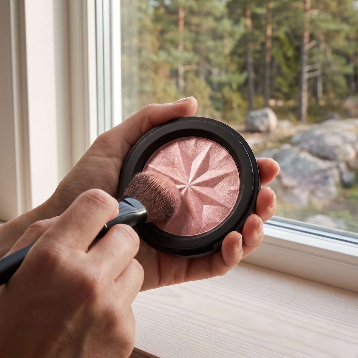 Händer håller en svart bareMinerals-dosa med skimrande rosé puder och en borste vid ett fönster mot tallskog och granithällar.