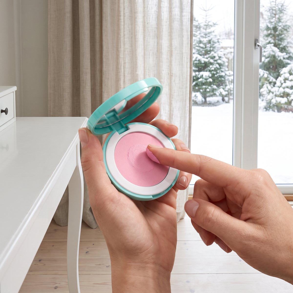 Ett finger tar upp ljusrosa krämrouge ur en öppen mintgrön Sweed-dosa vid ett vitt sminkbord, med snötäckta granar utanför fönstret.