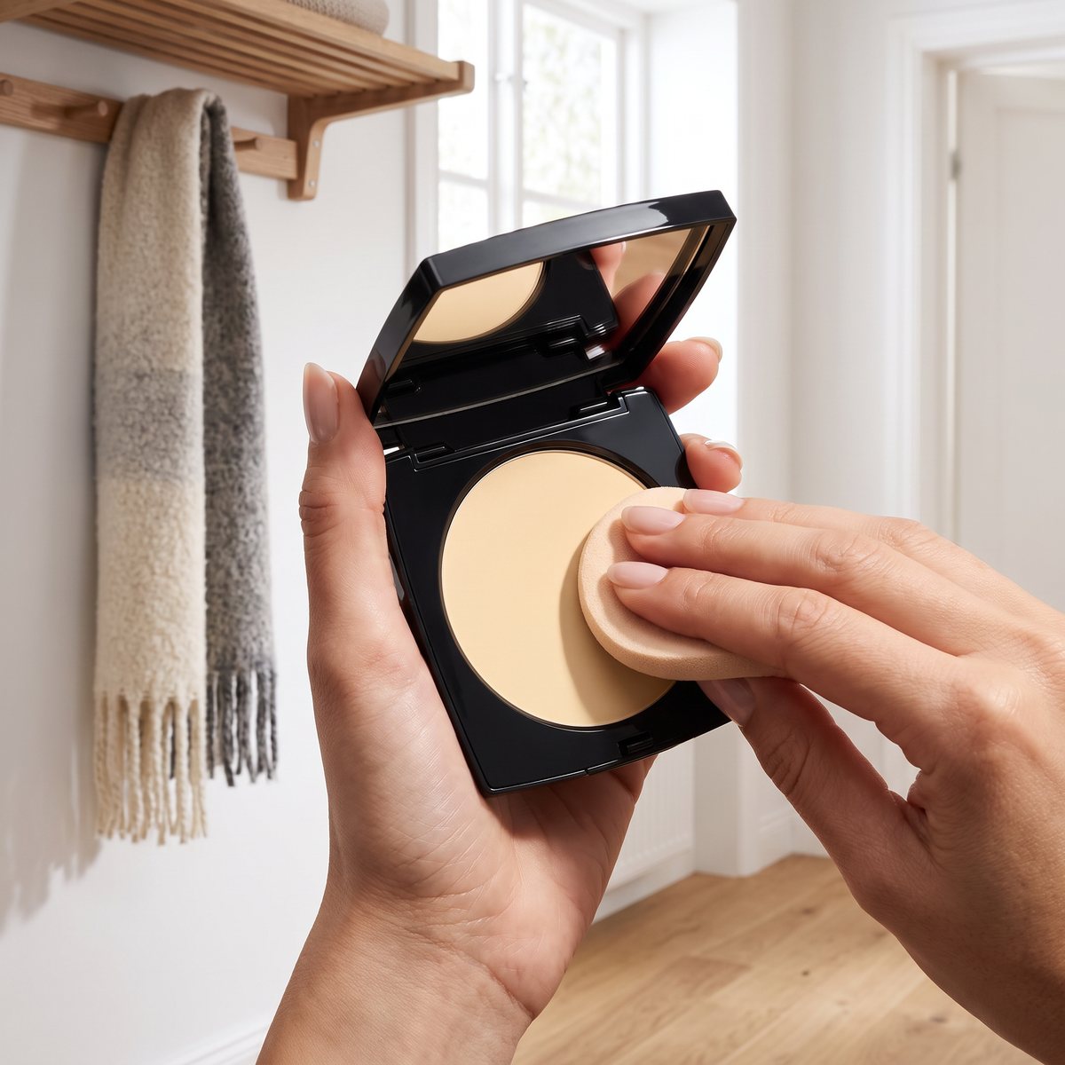 Bobbi Brown Sheer Finish Pressed Powder i handen i en svensk hall
