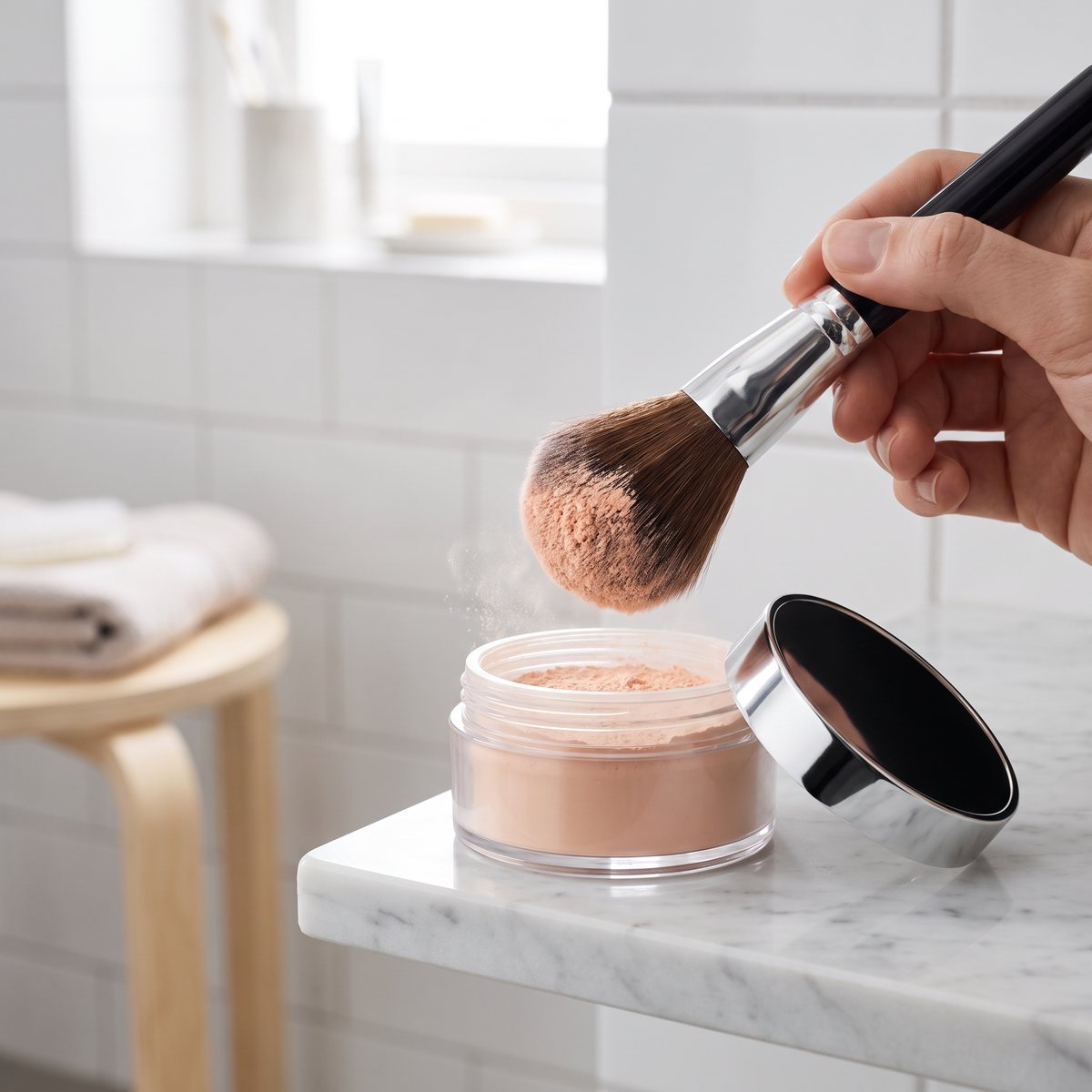Clinique Blended Face Powder i glasburk, med stor puderborste i ett svenskt badrum