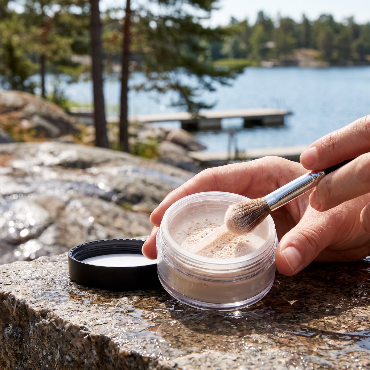 GOSH Waterproof Setting Powder vid en svensk sjöbrygga