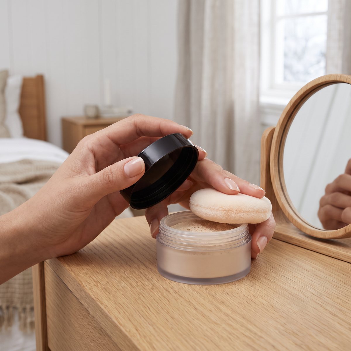 Laura Mercier Translucent Loose Setting Powder med puderpuff på en byrå i ett svenskt sovrum