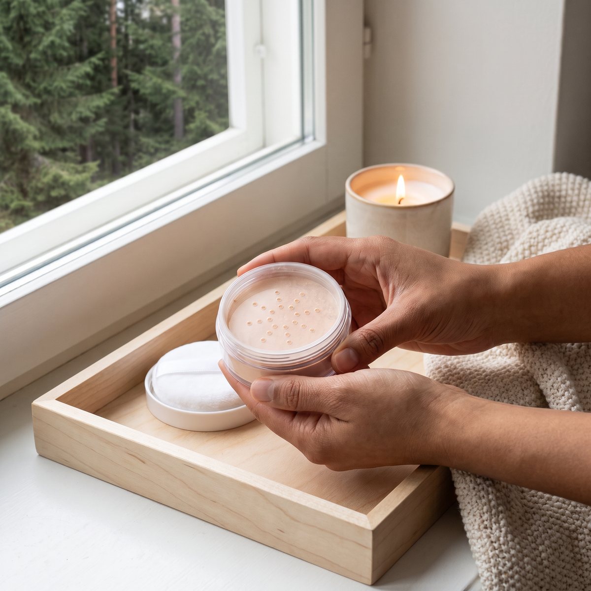 Lumene Sheer Finish Loose Powder med vit puff på ett bord i ett svenskt hem