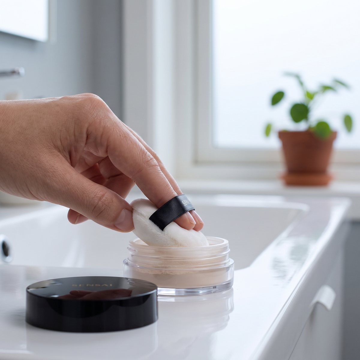 Sensai Translucent Loose Powder med vit puff vid ett handfat i ett svenskt hem