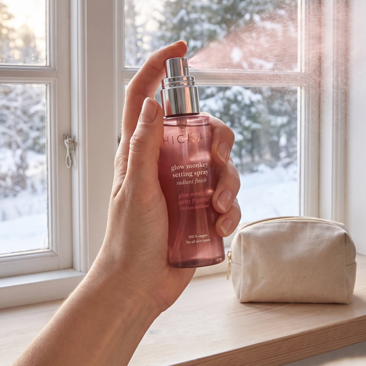 Hand som sprayar Hickap Glow Monkey vid ett fönster med snötäckta granar utanför