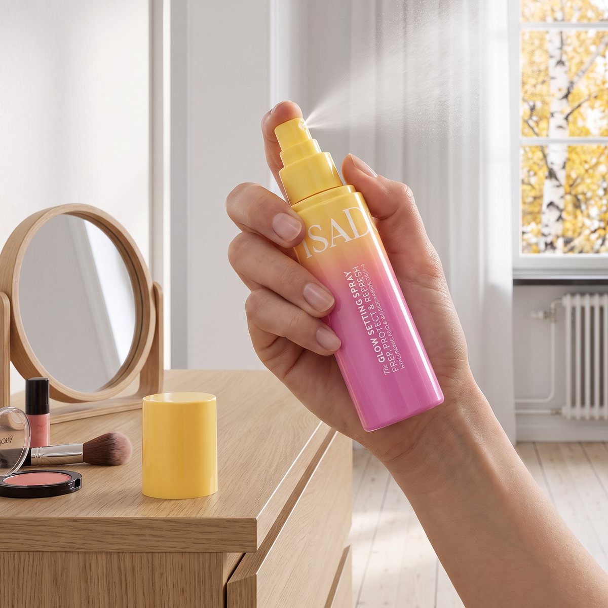Hand som sprayar IsaDora The Glow vid en byrå i ek med det gula locket bredvid sminkspegeln