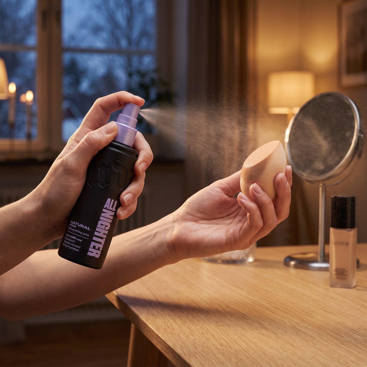 Urban Decay All Nighter sprayas på en sminksvamp vid ett sminkbord i ek en vinterkväll