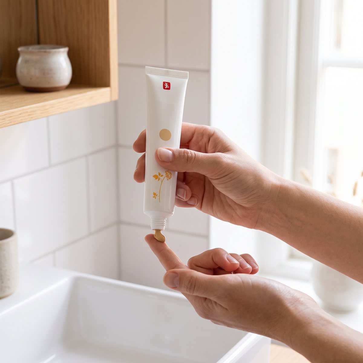 Erborian BB Crème i vit tub där en droppe gyllenbeige kräm trycks ut på ett finger vid handfatet i ett ljust svenskt badrum