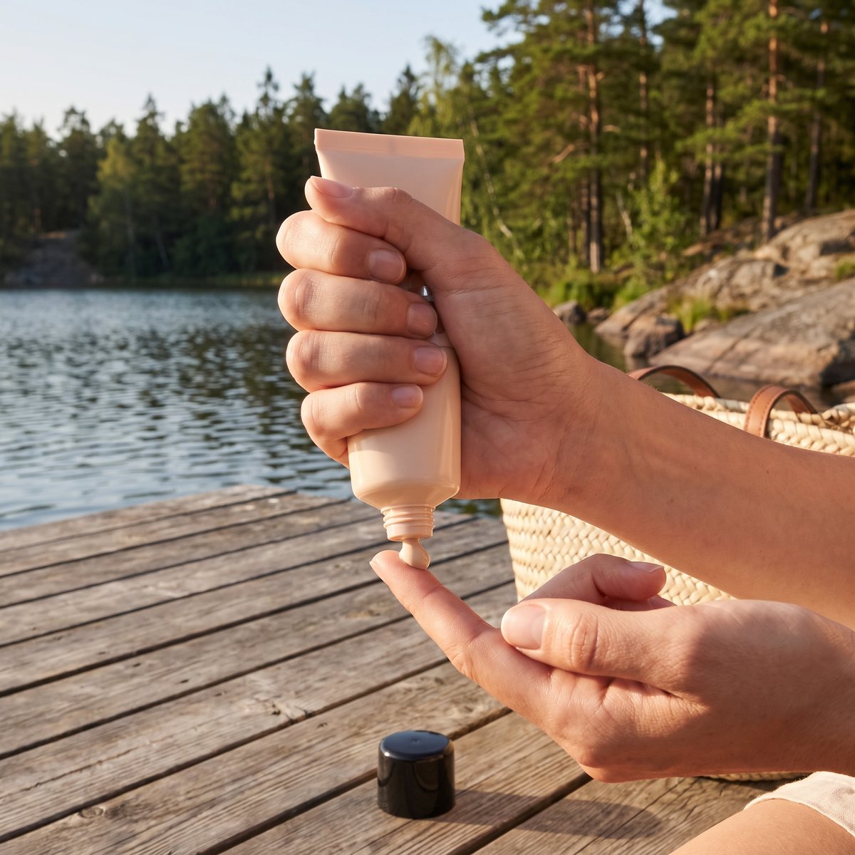 Maybelline Fit Me Nude BB Cream i beige tub som trycks ut på ett finger på en träbrygga vid en svensk sjö en sommardag